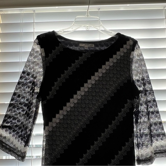 Navy Blue/Gray/White Striped Midi Dress with Unlined Bell Sleeves NWT Sz 10 - Picture 7 of 17